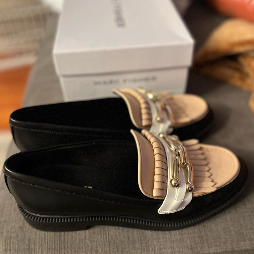 “Calisto” Marc Fischer 3 tone loafers. Black beige white gold hardware. NIB